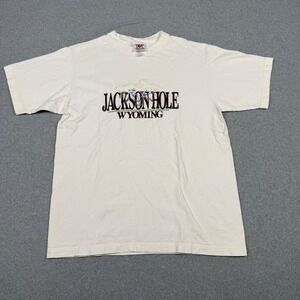 Vintage 90s Top Threads Jackson Hole Wyoming T-Shirt Medium White Embroidered